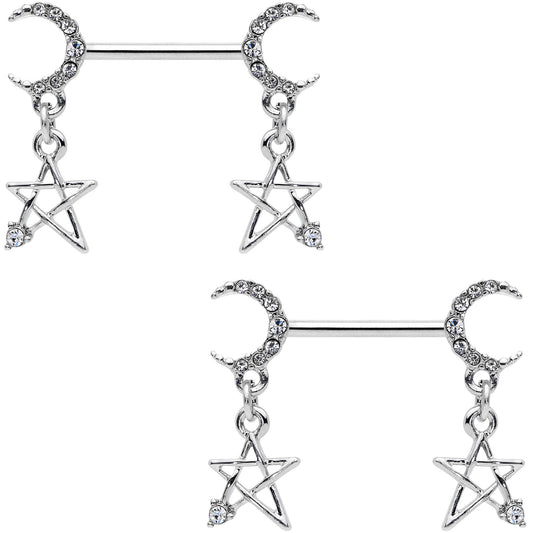 14G 9/16 Clear Gem Moon Star Dangle Barbell Nipple Ring Set