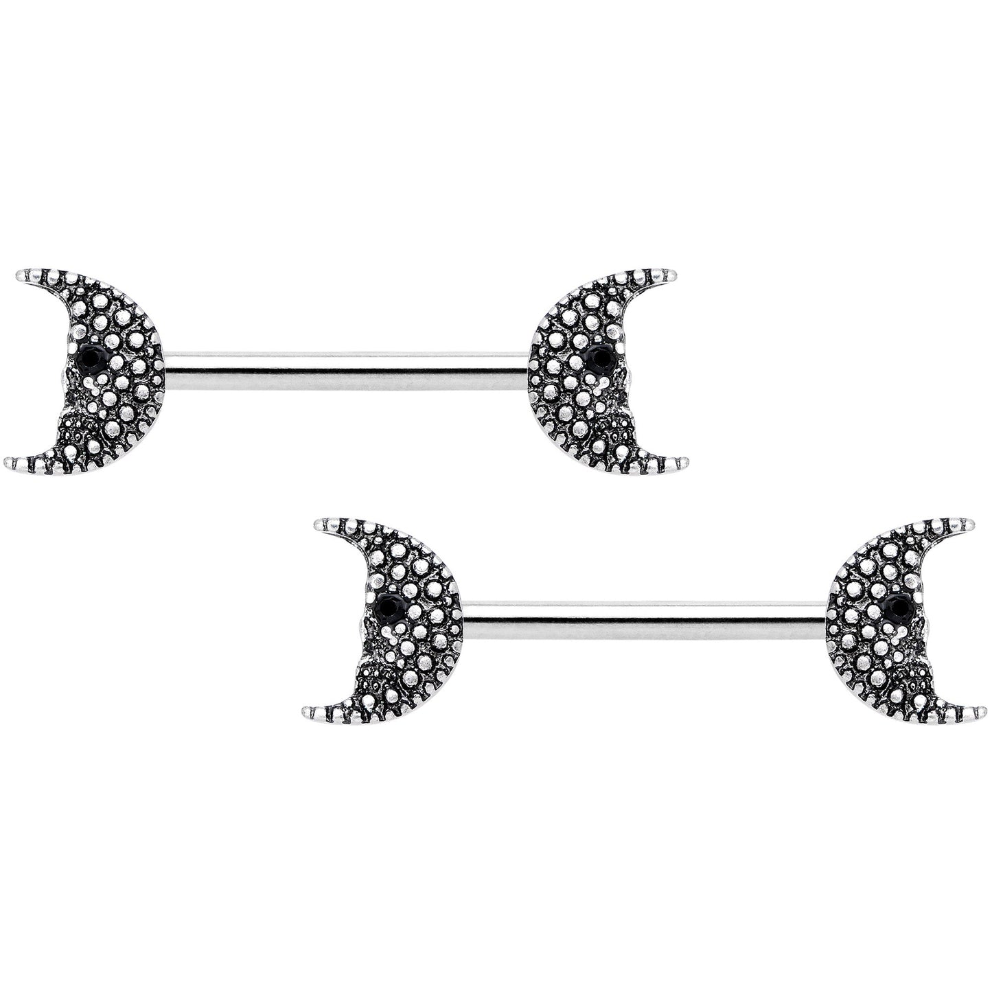 14G 9/16 Black Gem Skull Crescent Moon Barbell Nipple Ring Set