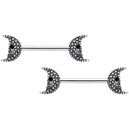 14G 9/16 Black Gem Skull Crescent Moon Barbell Nipple Ring Set