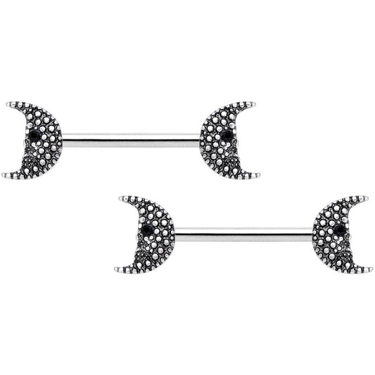 14G 9/16 Black Gem Skull Crescent Moon Barbell Nipple Ring Set