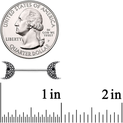 14G 9/16 Black Gem Skull Crescent Moon Barbell Nipple Ring Set