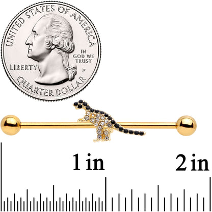 14G Clear Black Gem Gold Tone Dinosaur Industrial Barbell 38mm