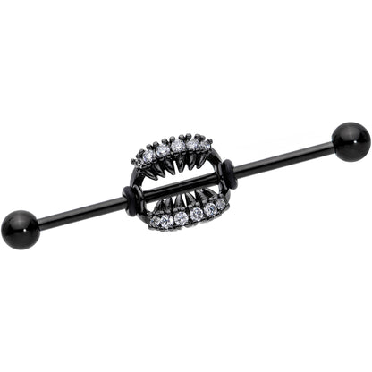 14G Clear CZ Gem Black Monster Fangs Industrial Barbell 38mm