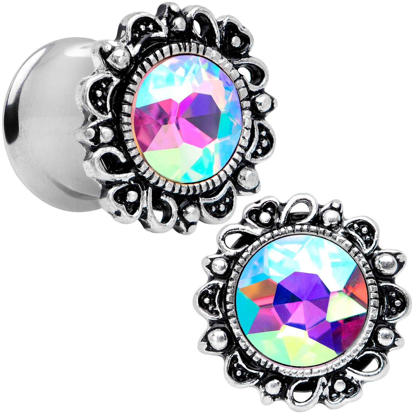 Aurora Gem Filigree Flower Double Flare Plug Set 2G to 1 Inch