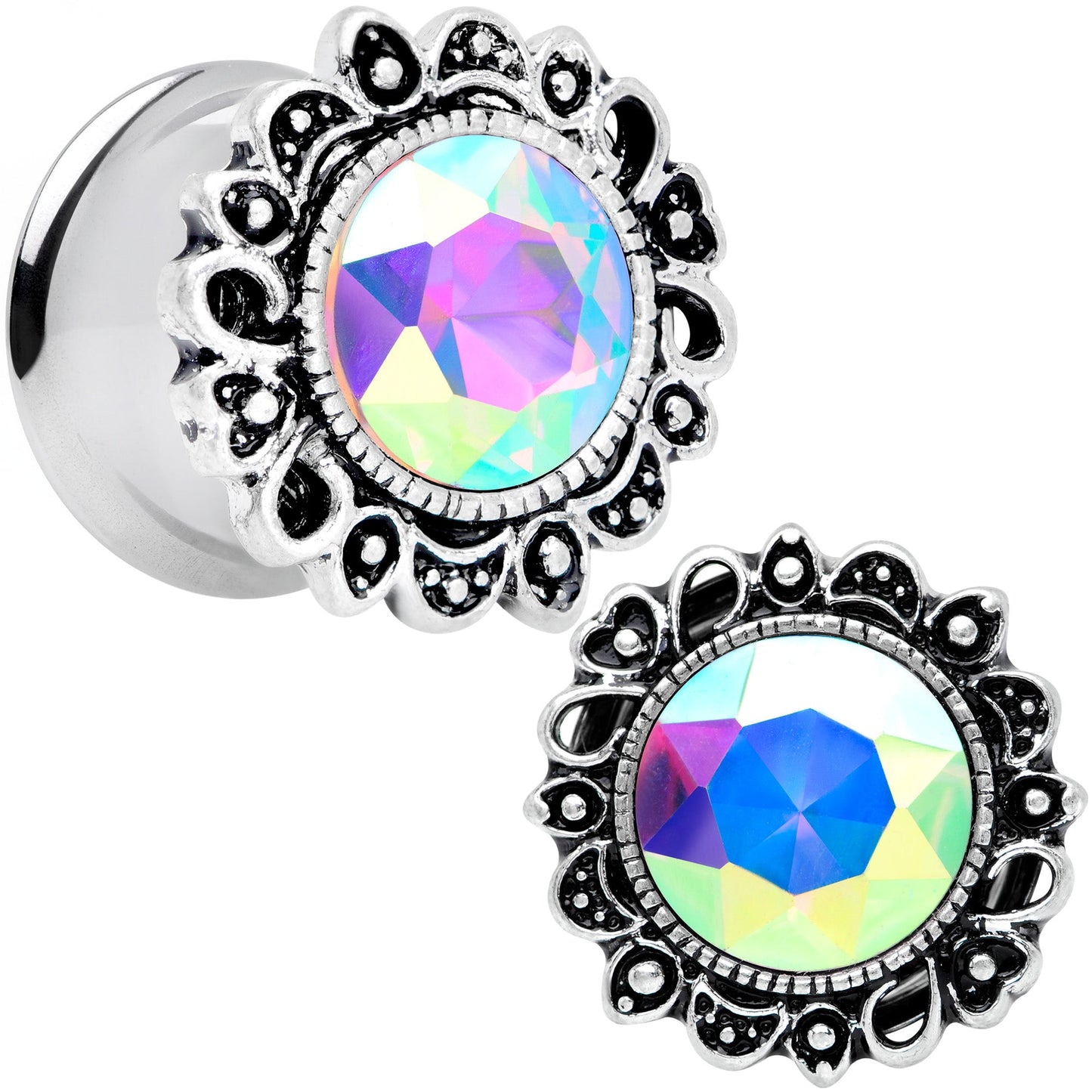 Aurora Gem Filigree Flower Double Flare Plug Set 2G to 1 Inch
