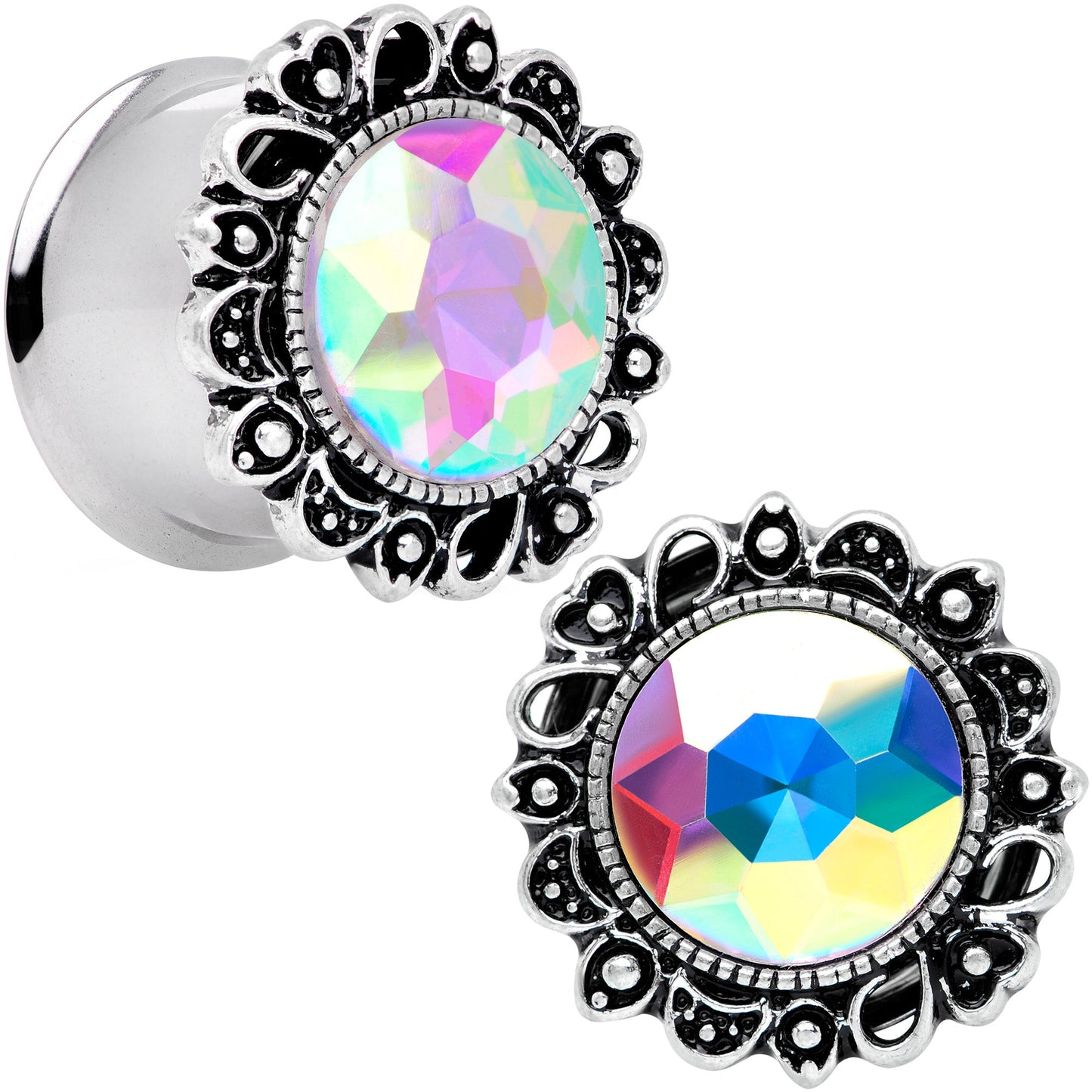 Aurora Gem Filigree Flower Double Flare Plug Set 2G to 1 Inch