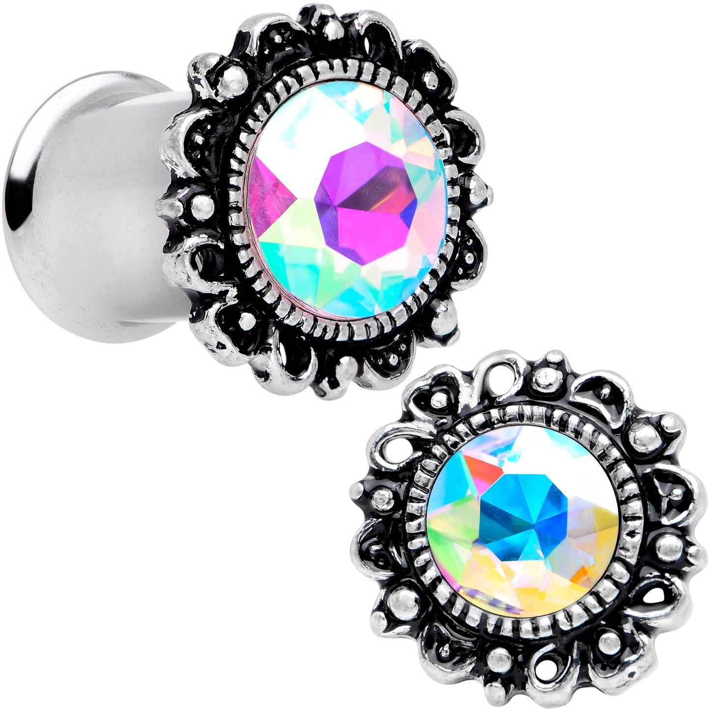 Aurora Gem Filigree Flower Double Flare Plug Set 2G to 1 Inch