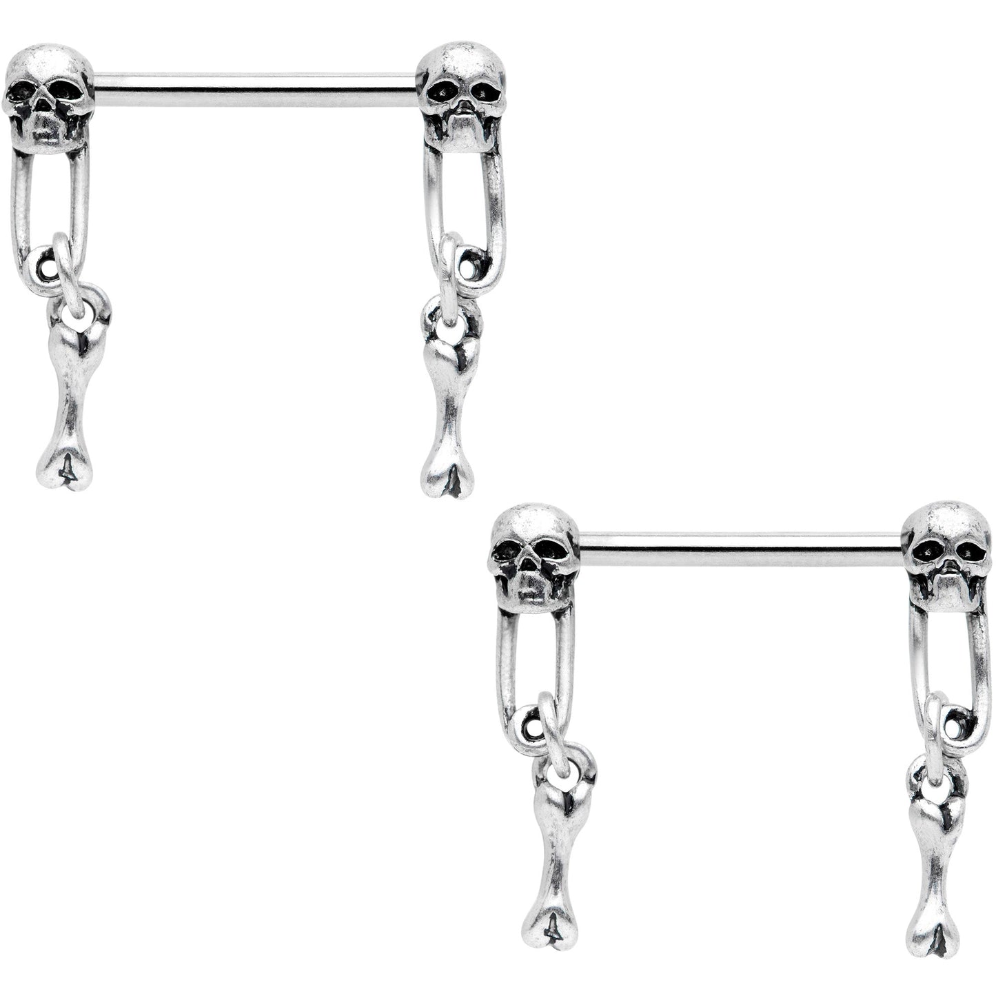 14G 9/16 Skull Safety Pin Dangle Barbell Nipple Ring Set