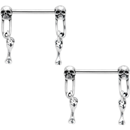 14G 9/16 Skull Safety Pin Dangle Barbell Nipple Ring Set
