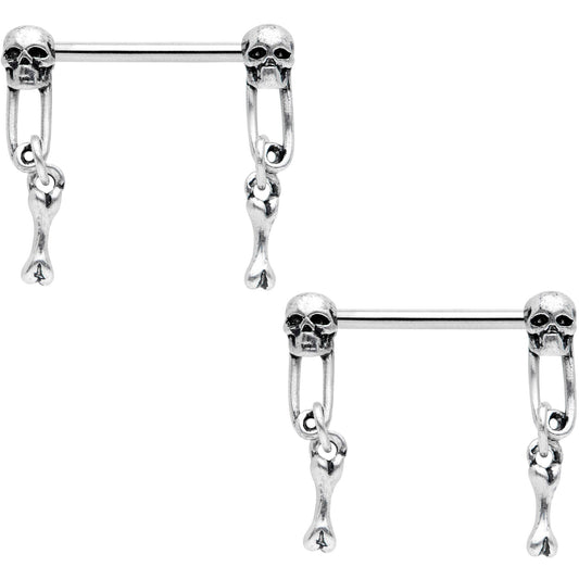 14G 9/16 Skull Safety Pin Dangle Barbell Nipple Ring Set