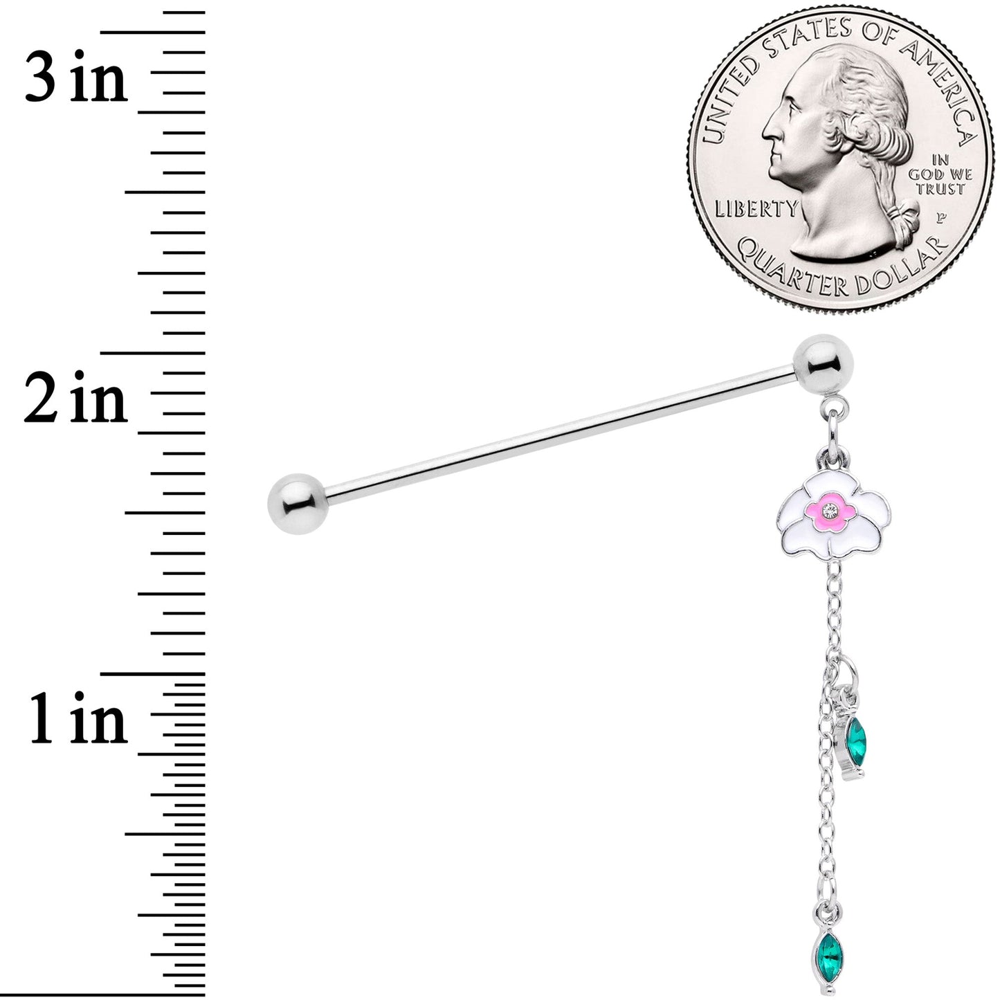 14G Clear Green Gem Flower Chain Dangle Industrial Barbell 38mm