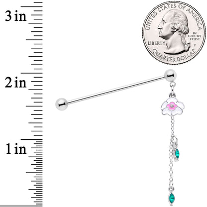 14G Clear Green Gem Flower Chain Dangle Industrial Barbell 38mm