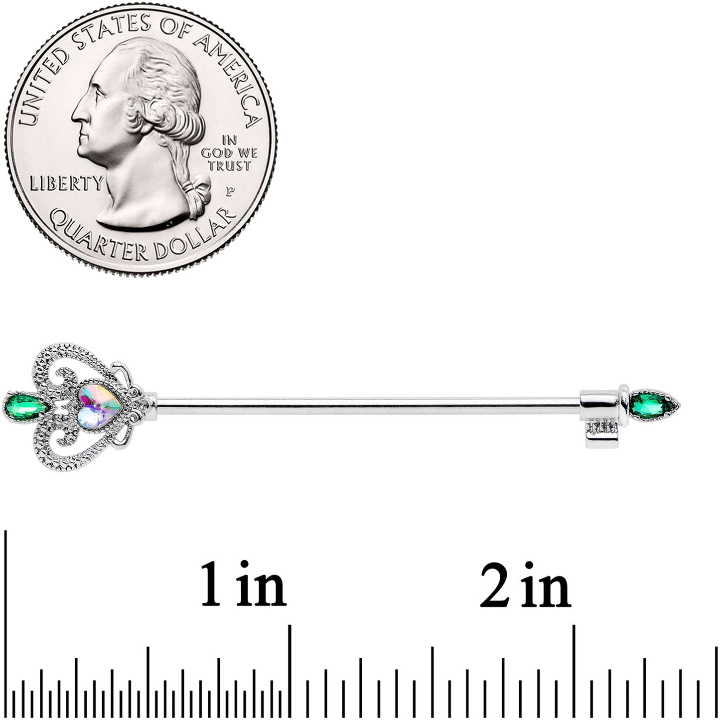 14G Green Aurora Gem Queens Key Industrial Barbell 38mm