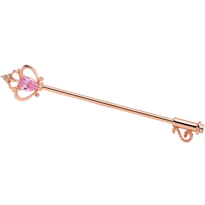 14G Pink CZ Gem Rose Gold Tone Princess Key Industrial Barbell 38mm