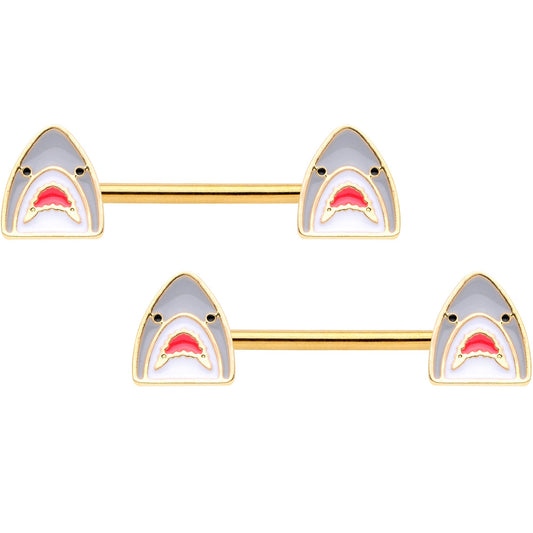14G 9/16 Gold Tone Shark Attack Barbell Nipple Ring Set