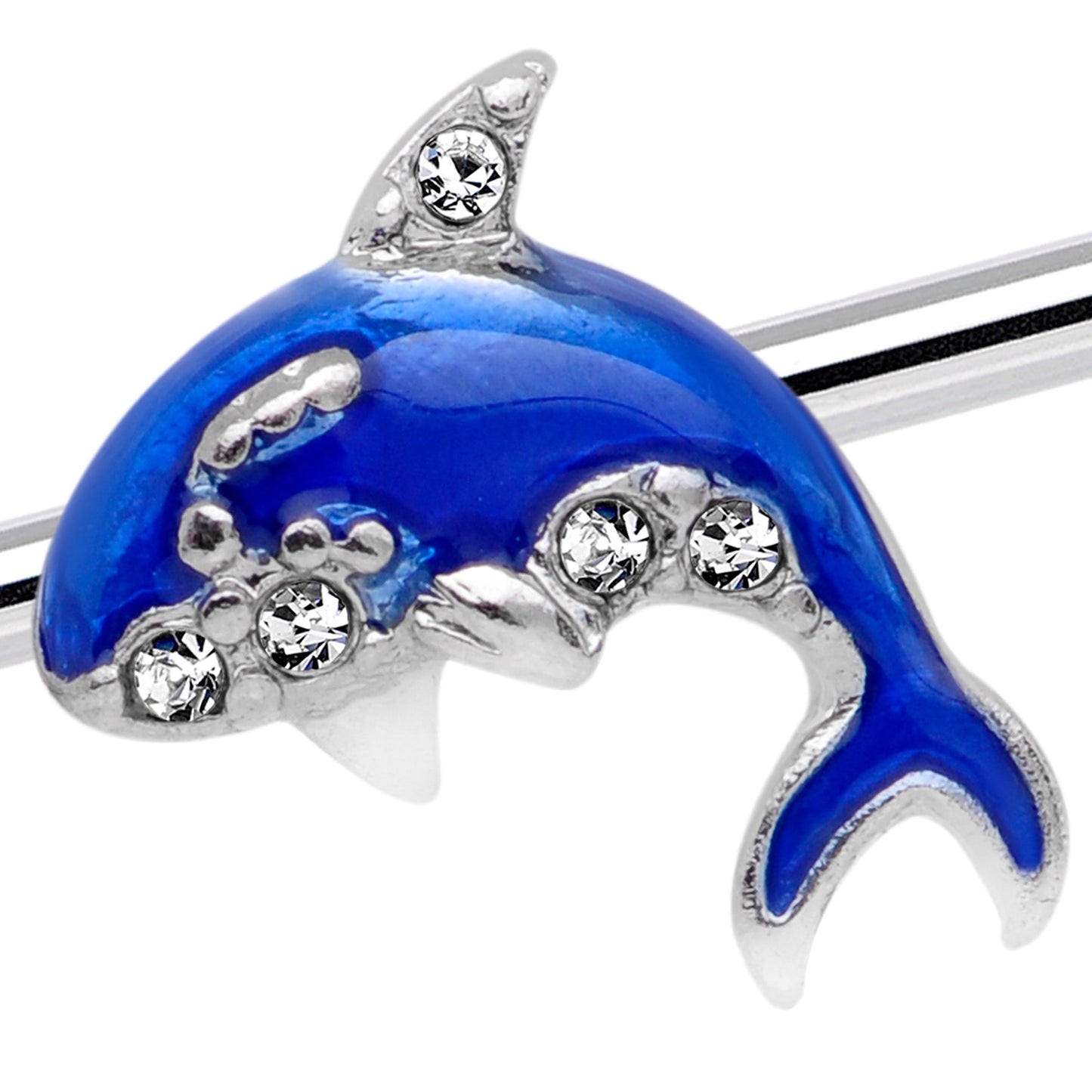 14G Clear Gem Sea Bling Blue Orca Whale Industrial Barbell 38mm