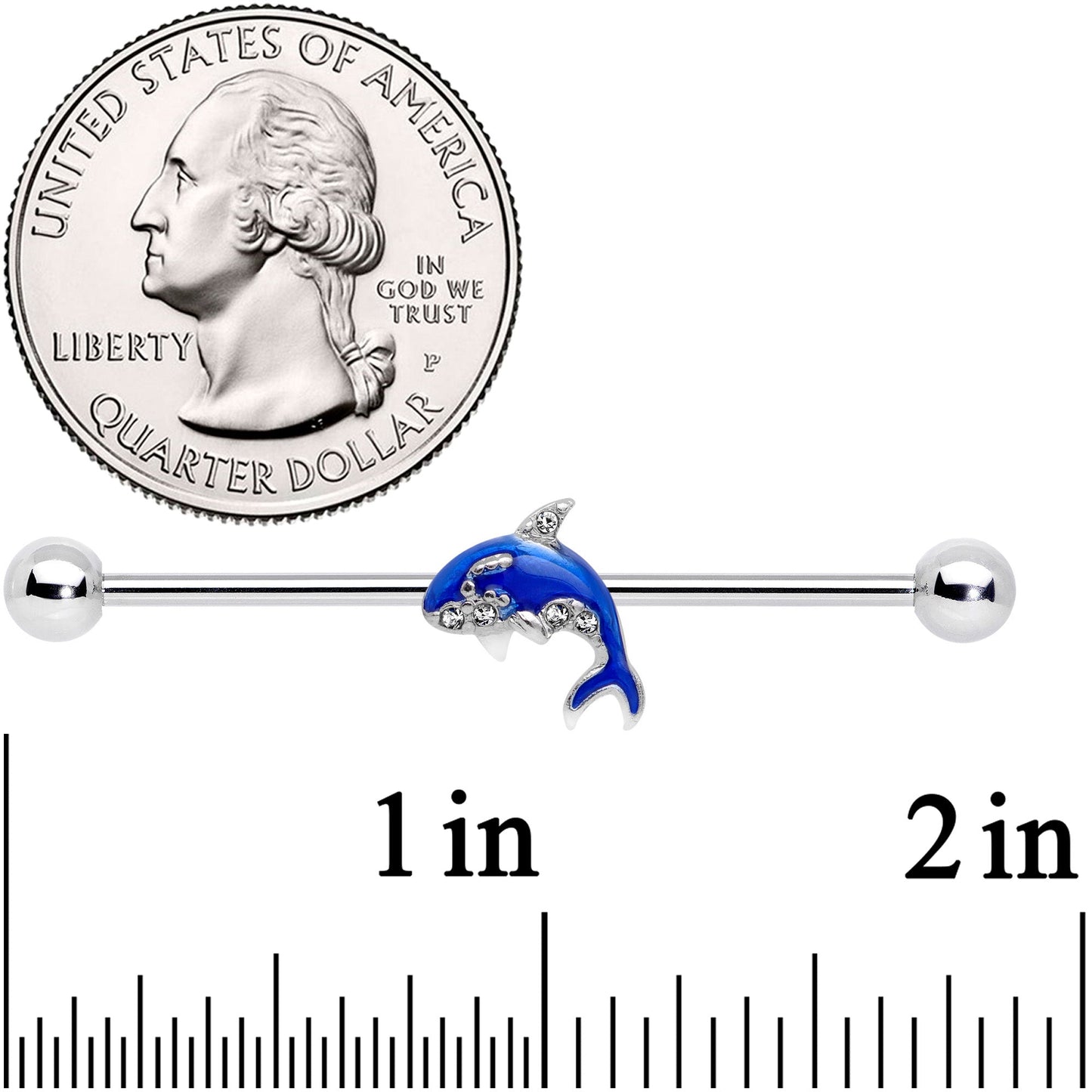14G Clear Gem Sea Bling Blue Orca Whale Industrial Barbell 38mm