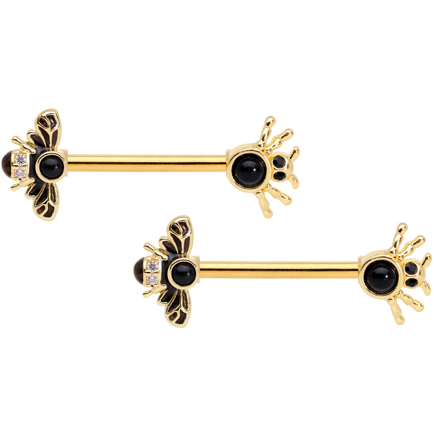 14G 9/16 Black Gem Gold Tone Bee Spider Barbell Nipple Ring Set