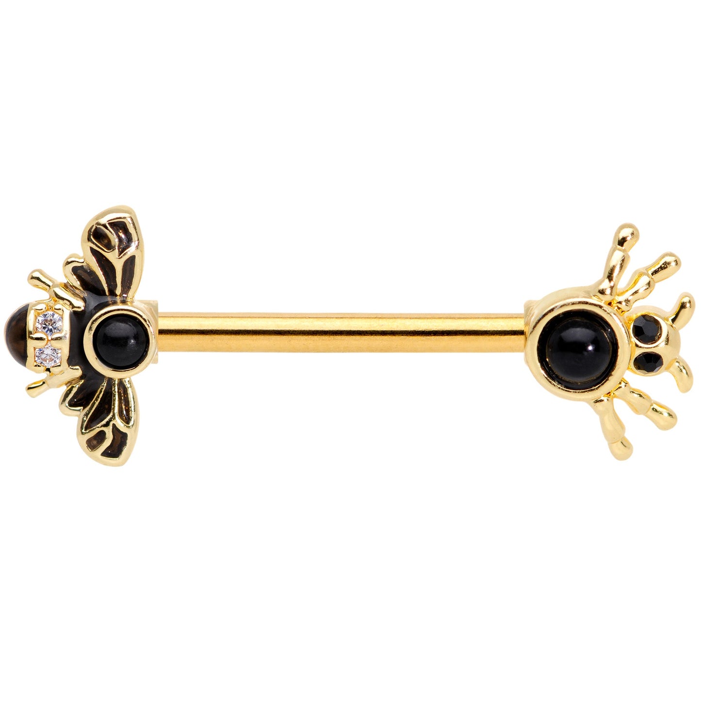 14G 9/16 Black Gem Gold Tone Bee Spider Barbell Nipple Ring Set