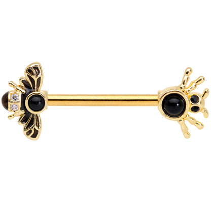 14G 9/16 Black Gem Gold Tone Bee Spider Barbell Nipple Ring Set