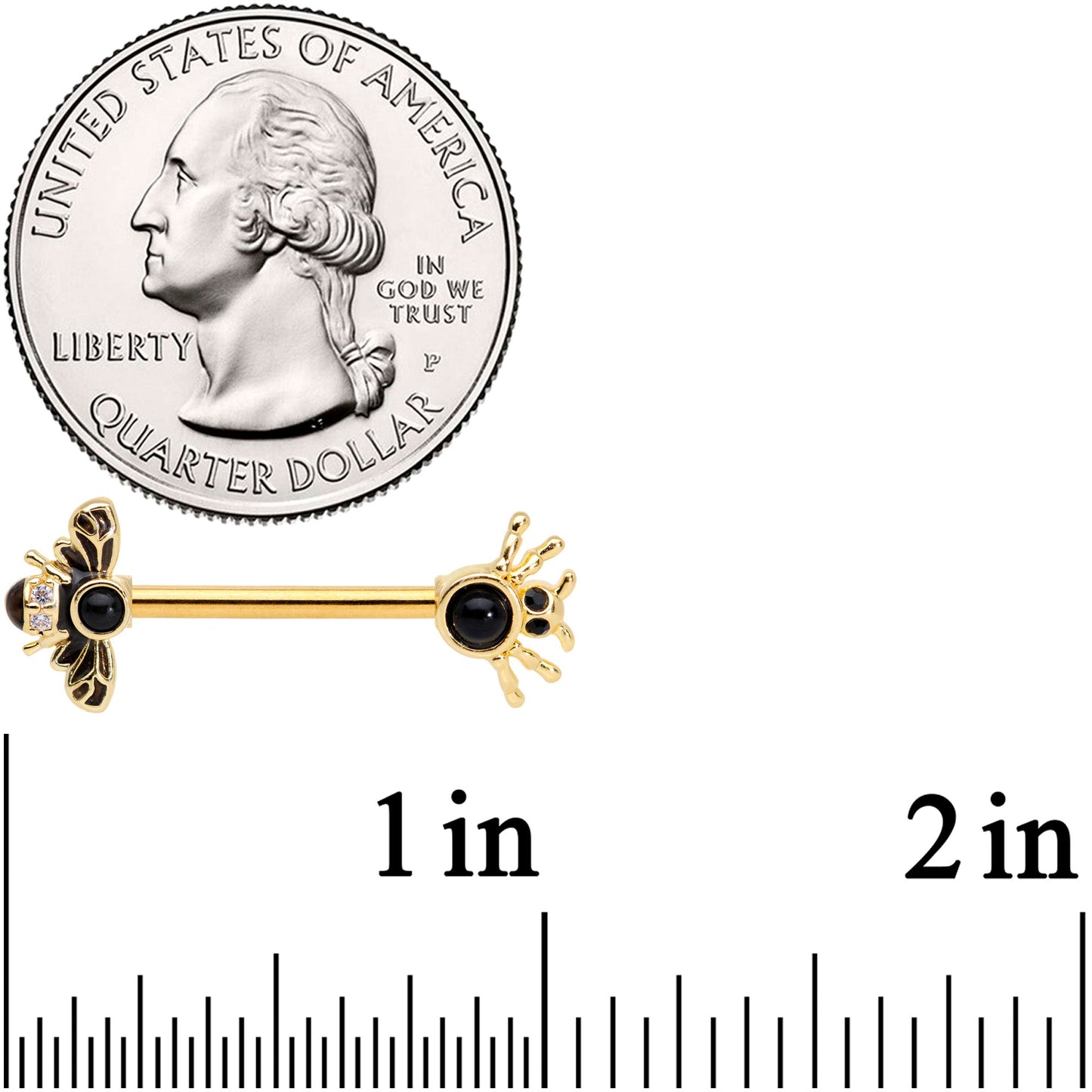 14G 9/16 Black Gem Gold Tone Bee Spider Barbell Nipple Ring Set