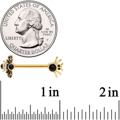14G 9/16 Black Gem Gold Tone Bee Spider Barbell Nipple Ring Set