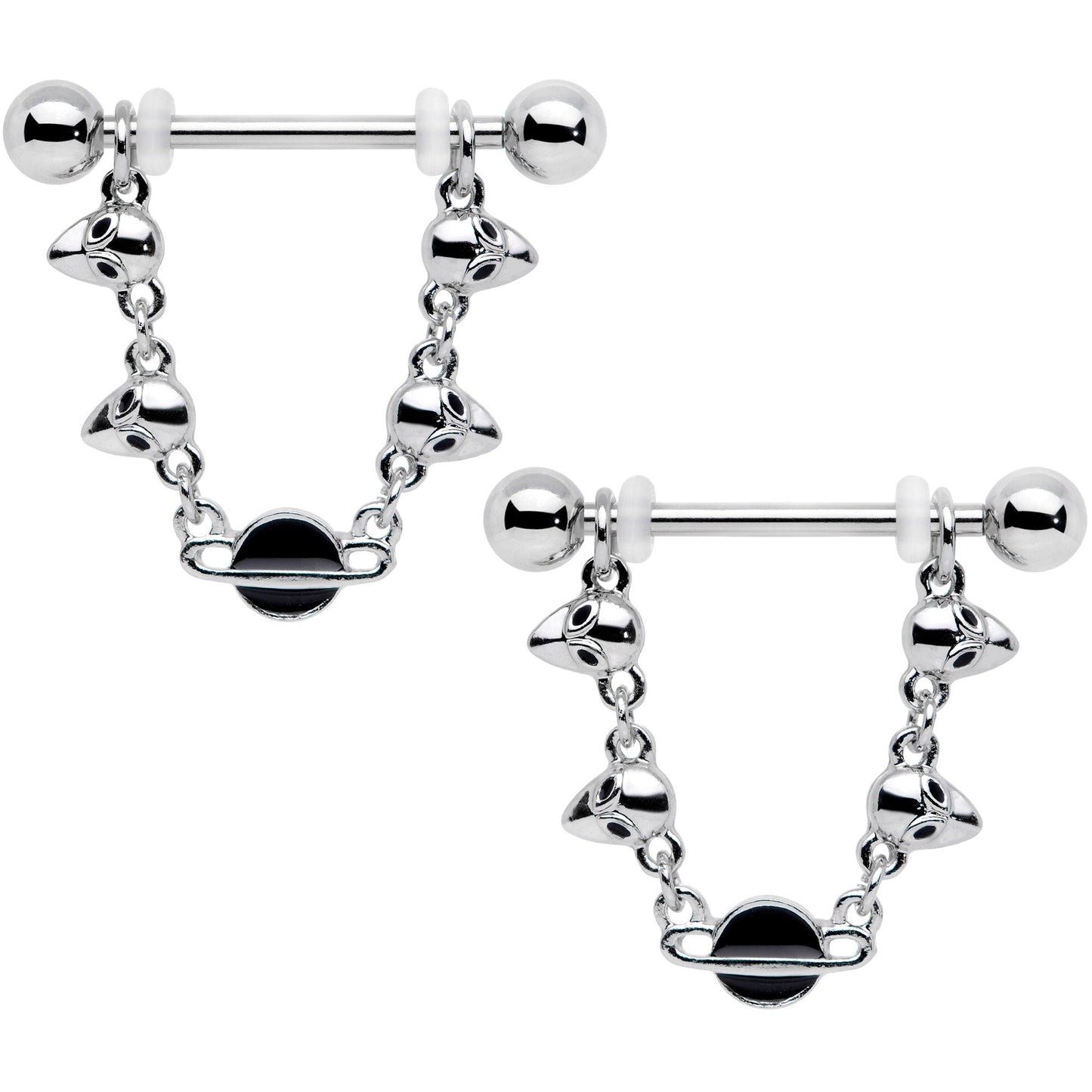 14G 9/16 Black Planet Saturn Alien Dangle Barbell Nipple Ring Set