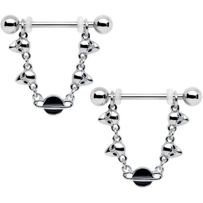 14G 9/16 Black Planet Saturn Alien Dangle Barbell Nipple Ring Set