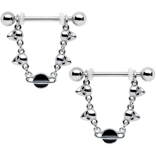 14G 9/16 Black Planet Saturn Alien Dangle Barbell Nipple Ring Set