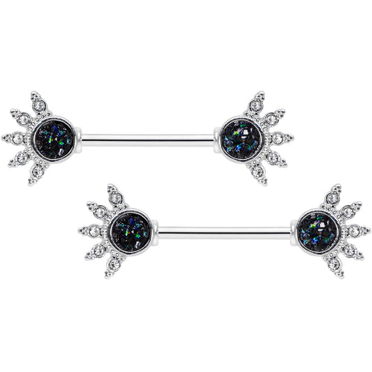 14G 9/16 Clear Gem Blue Faux Druzy Crest Barbell Nipple Ring Set