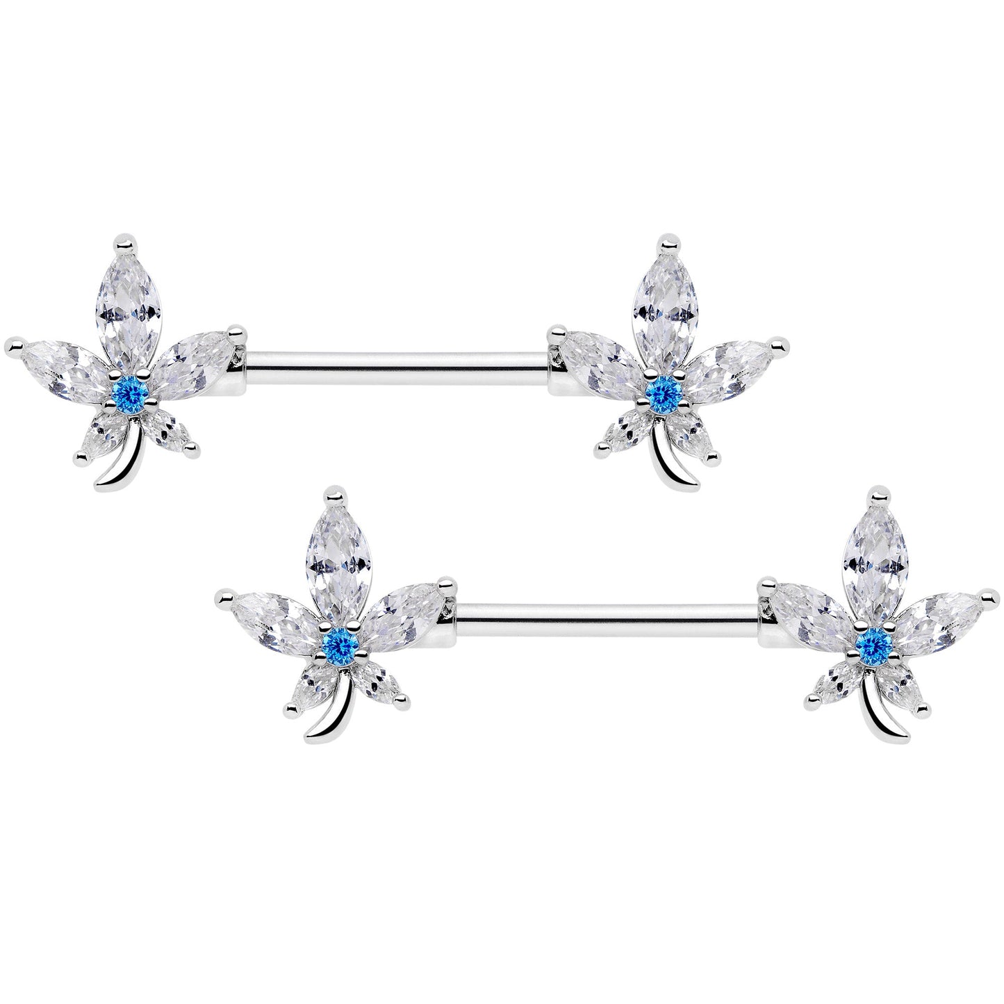 14G 9/16 Clear Blue CZ Gem Marijuana Leaf Barbell Nipple Ring Set