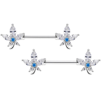 14G 9/16 Clear Blue CZ Gem Marijuana Leaf Barbell Nipple Ring Set