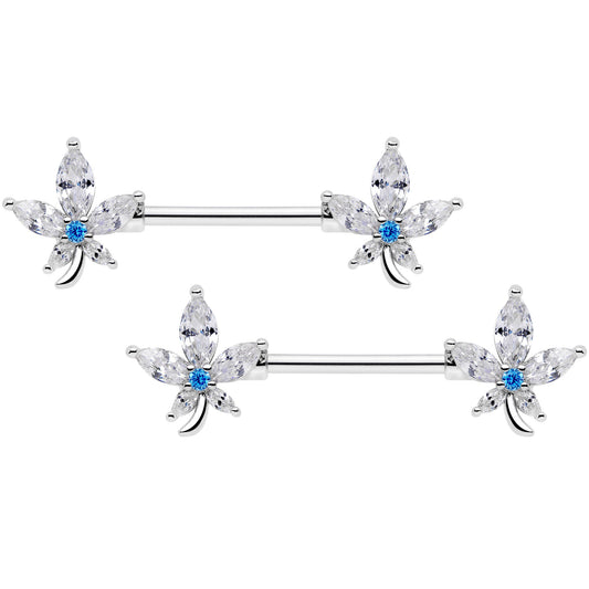 14G 9/16 Clear Blue CZ Gem Marijuana Leaf Barbell Nipple Ring Set