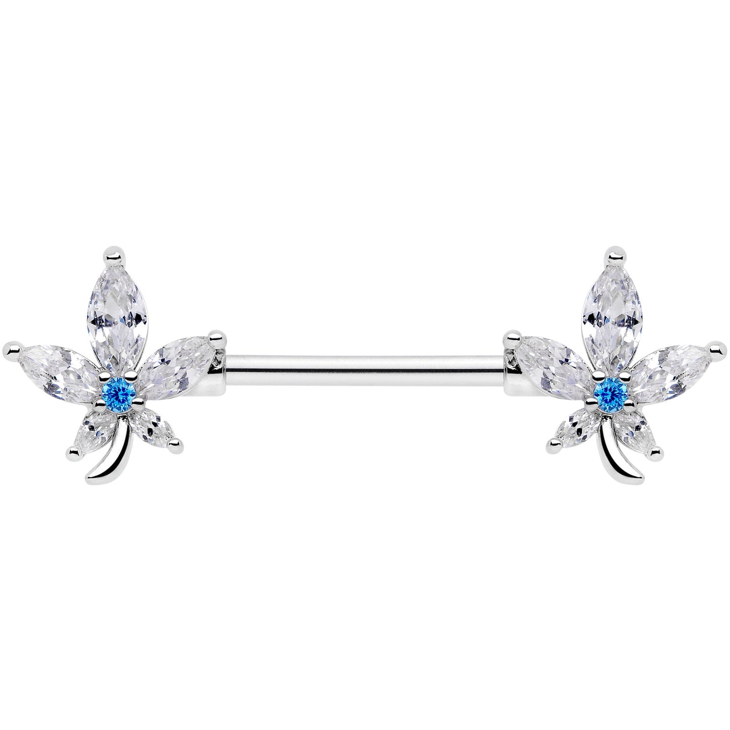 14G 9/16 Clear Blue CZ Gem Marijuana Leaf Barbell Nipple Ring Set
