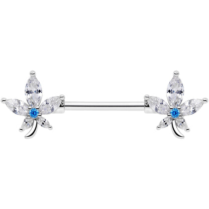 14G 9/16 Clear Blue CZ Gem Marijuana Leaf Barbell Nipple Ring Set