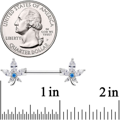 14G 9/16 Clear Blue CZ Gem Marijuana Leaf Barbell Nipple Ring Set