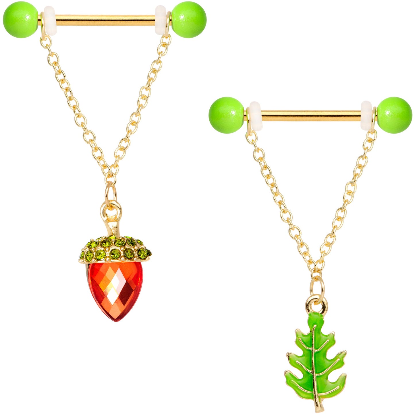 14G 9/16 Red Green Gem Oak Leaf Acorn Barbell Nipple Ring Set