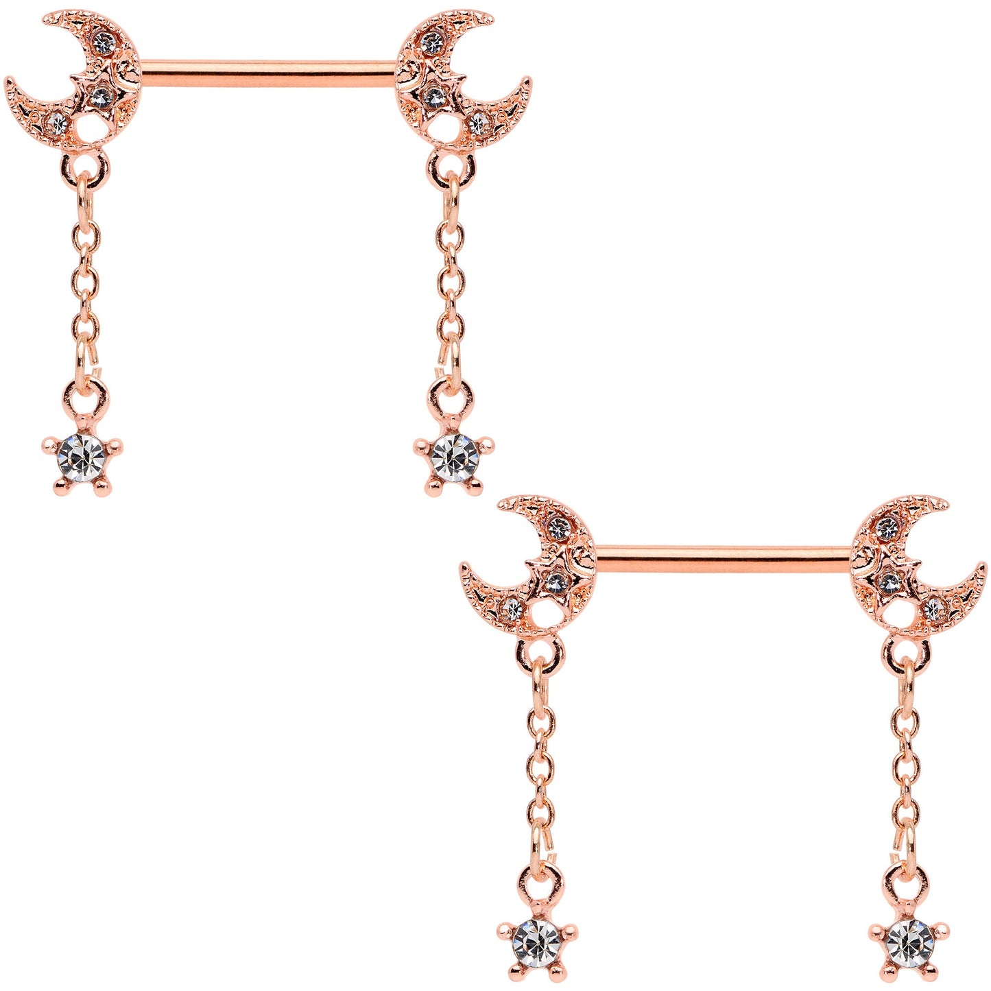 14G 9/16 Clear Gem Rose Gold Tone Moon Barbell Nipple Ring Set