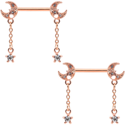14G 9/16 Clear Gem Rose Gold Tone Moon Barbell Nipple Ring Set
