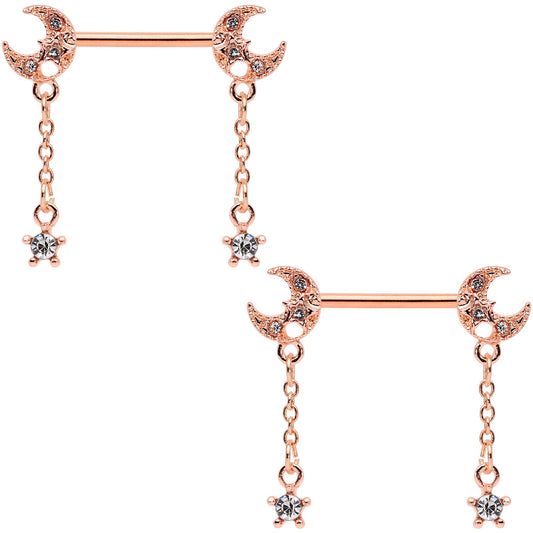 14G 9/16 Clear Gem Rose Gold Tone Moon Barbell Nipple Ring Set