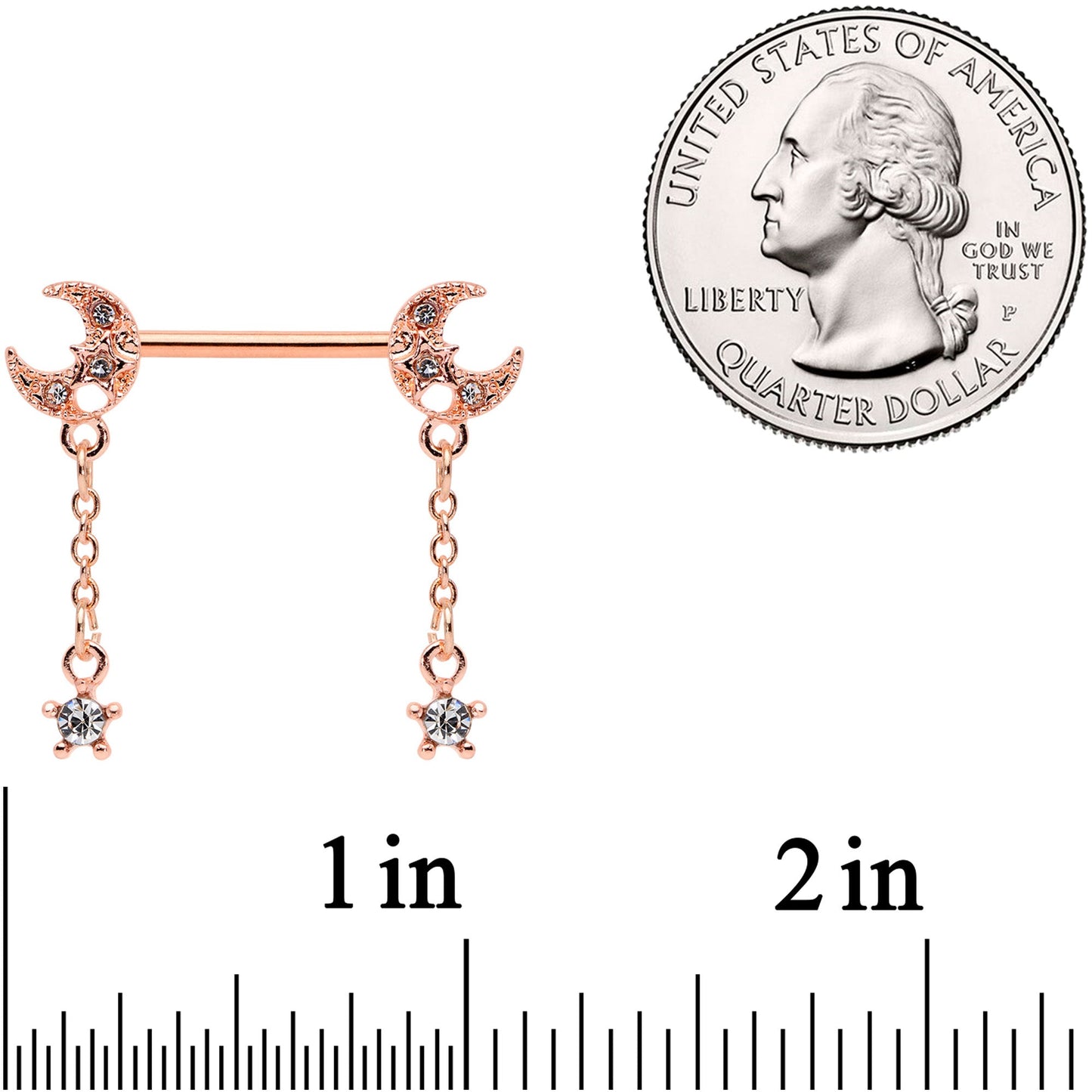 14G 9/16 Clear Gem Rose Gold Tone Moon Barbell Nipple Ring Set