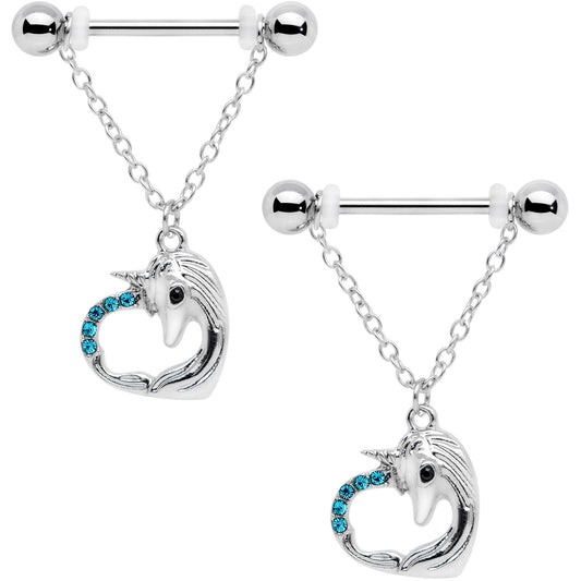 14G 5/8 Aqua Gem Unicorn Heart Dangle Barbell Nipple Ring Set