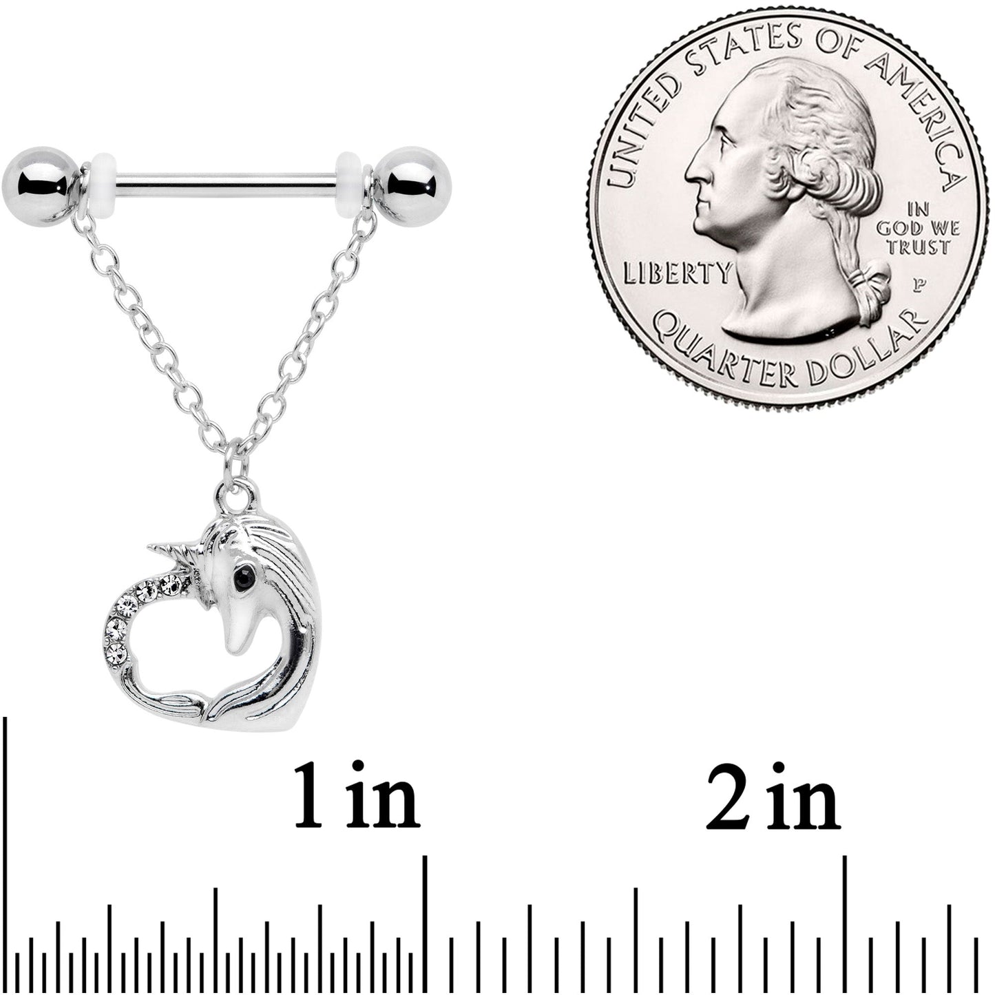 14G 5/8 Clear Gem Unicorn Heart Dangle Barbell Nipple Ring Set