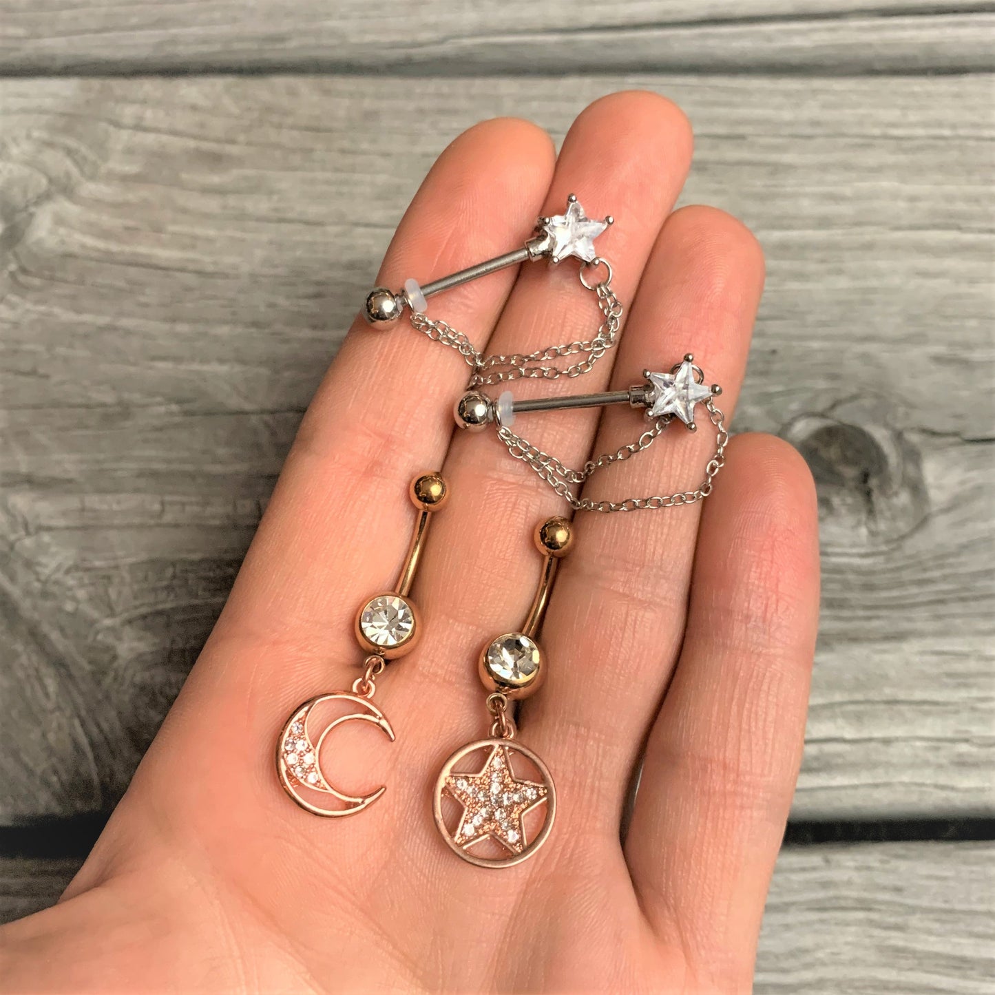 14G 5/8 Clear CZ Star Gem Chain Dangle Nipple Ring Set