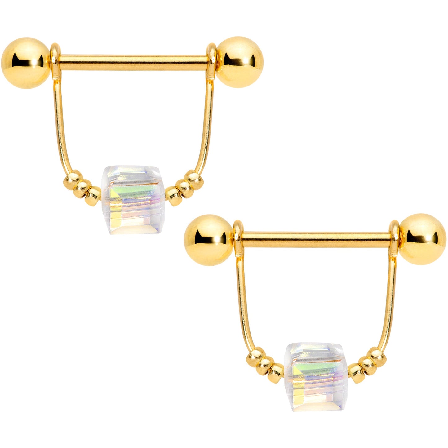 14G 5/8 Clear Gem Gold Tone Cube Dangle Nipple Ring Set