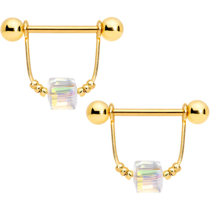 14G 5/8 Clear Gem Gold Tone Cube Dangle Nipple Ring Set