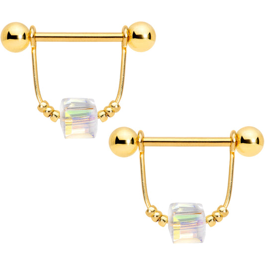 14G 5/8 Clear Gem Gold Tone Cube Dangle Nipple Ring Set