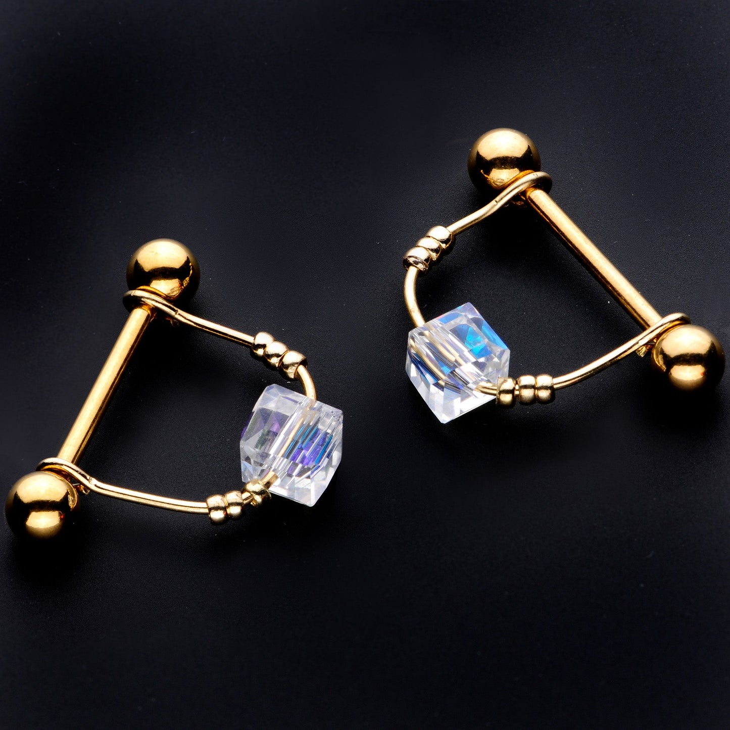 14G 5/8 Clear Gem Gold Tone Cube Dangle Nipple Ring Set