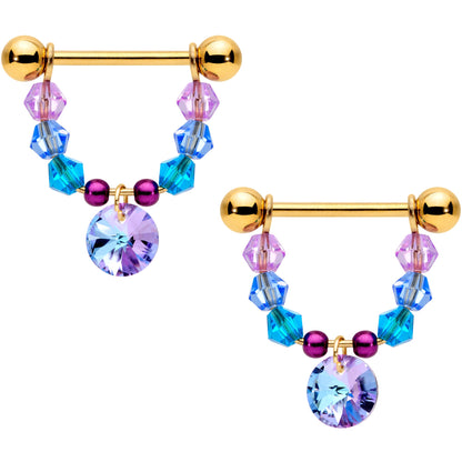 14G 5/8 Blue Purple Gem Gold Tone Disc Nipple Ring Set