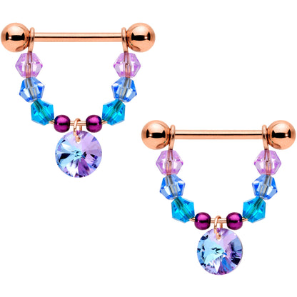 14G 5/8 Blue Purple Gem Rose Gold Tone Disc Nipple Ring Set